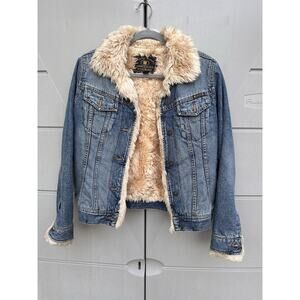 VTG LUCKY BRAND Dungarees Of America Faux Fur Lined Jacket Sz S 90s Y2K Hong Kon